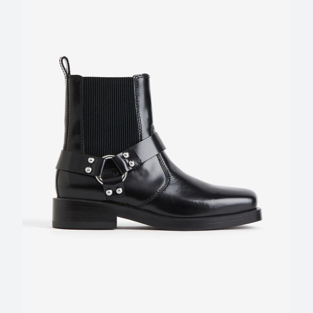 H&M Black Leather Ankle Boots with Buckle Detail
